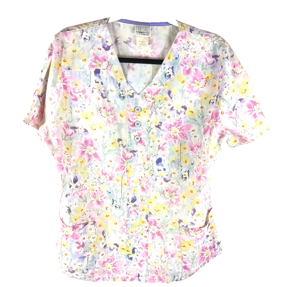 Vintage WS Fundamental Women's Scrub Top Size Medium Blue Pink Floral Lilly